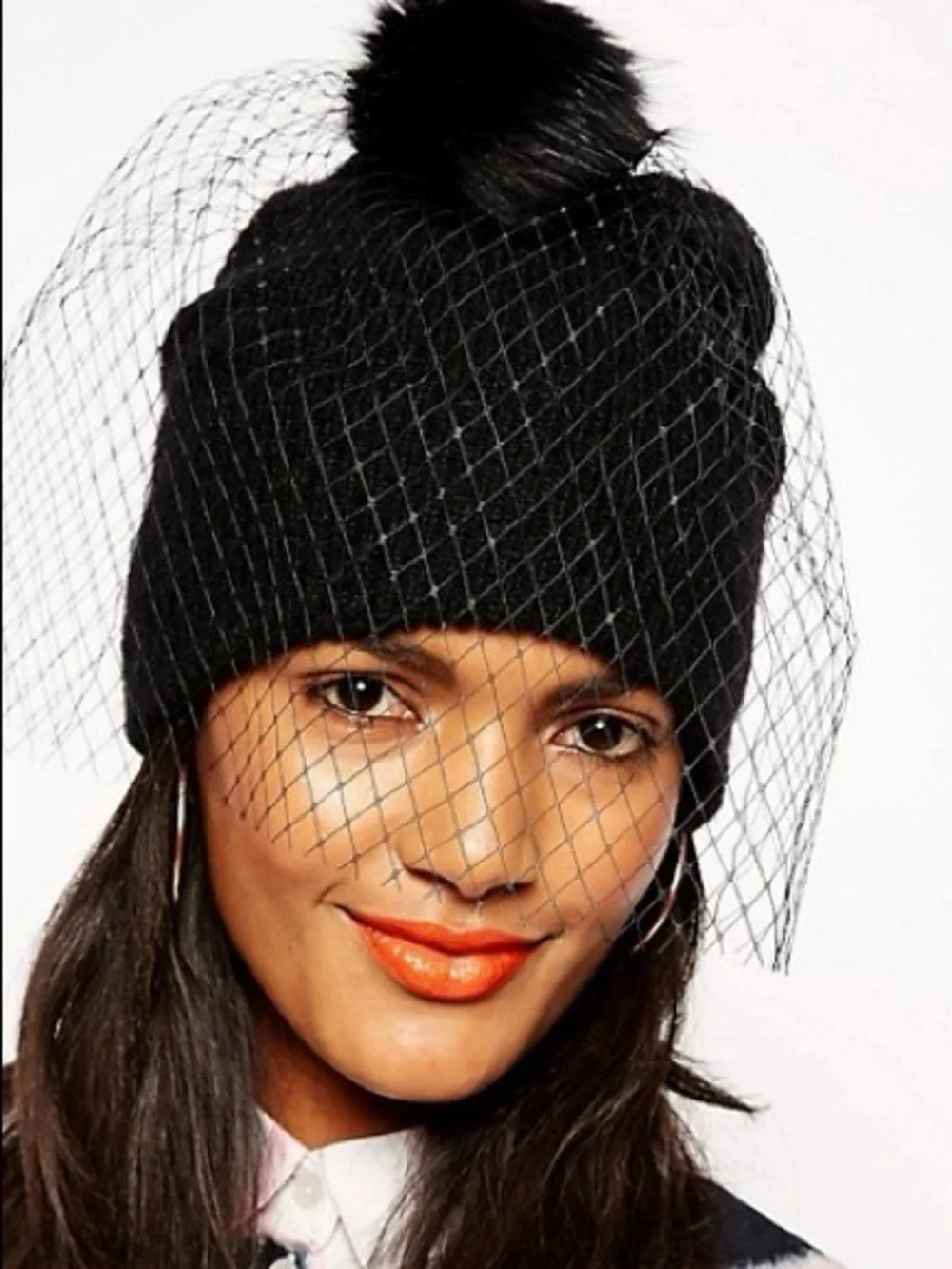 Veiled Knit Beanie in Mustard Yellow with Black Faux Fur Pom